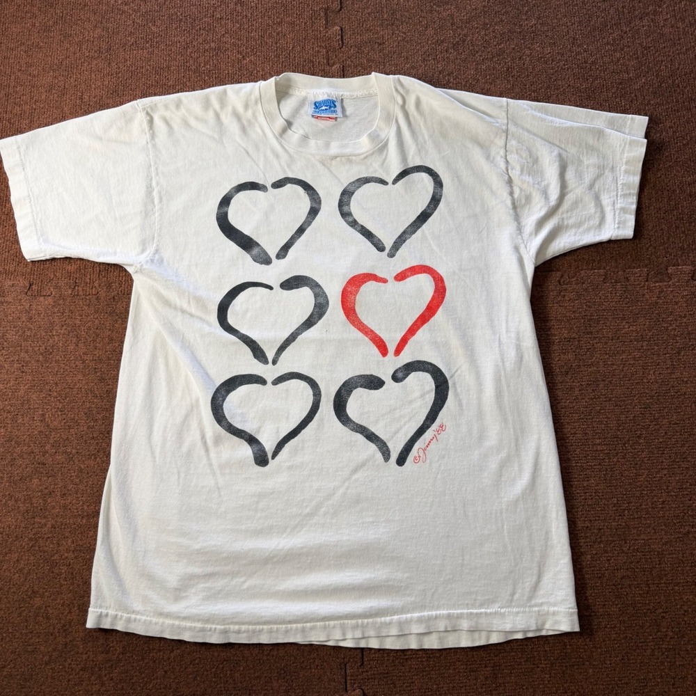 Vintage 1988 Sharky's Dry Goods Jim Benton Heart T-Shirt XL White Made in USA‎
